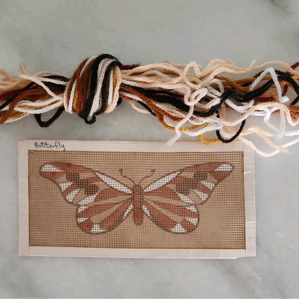 Vtg BUTTERFLY Needlepoint Kit Canvas w/ orig. Yarn 4 x 9 Eyeglass case front?